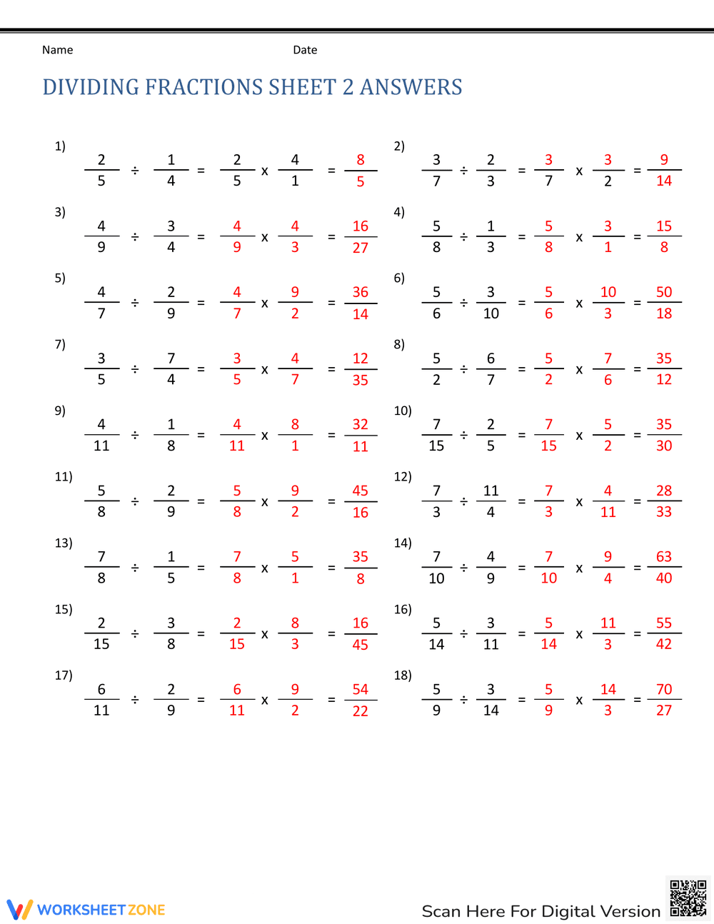 Dividing Fractions Practice Worksheet - Page 2