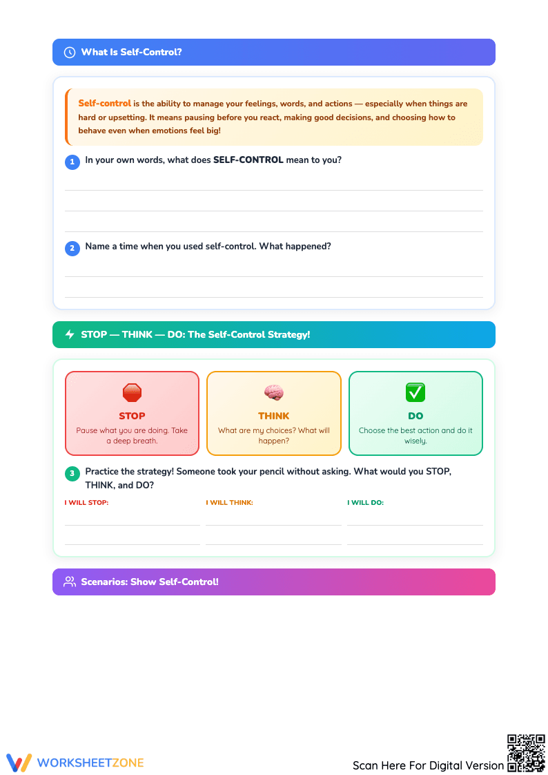 Essential Self-Control Worksheet Packet | Grade 5-6 - Page 2