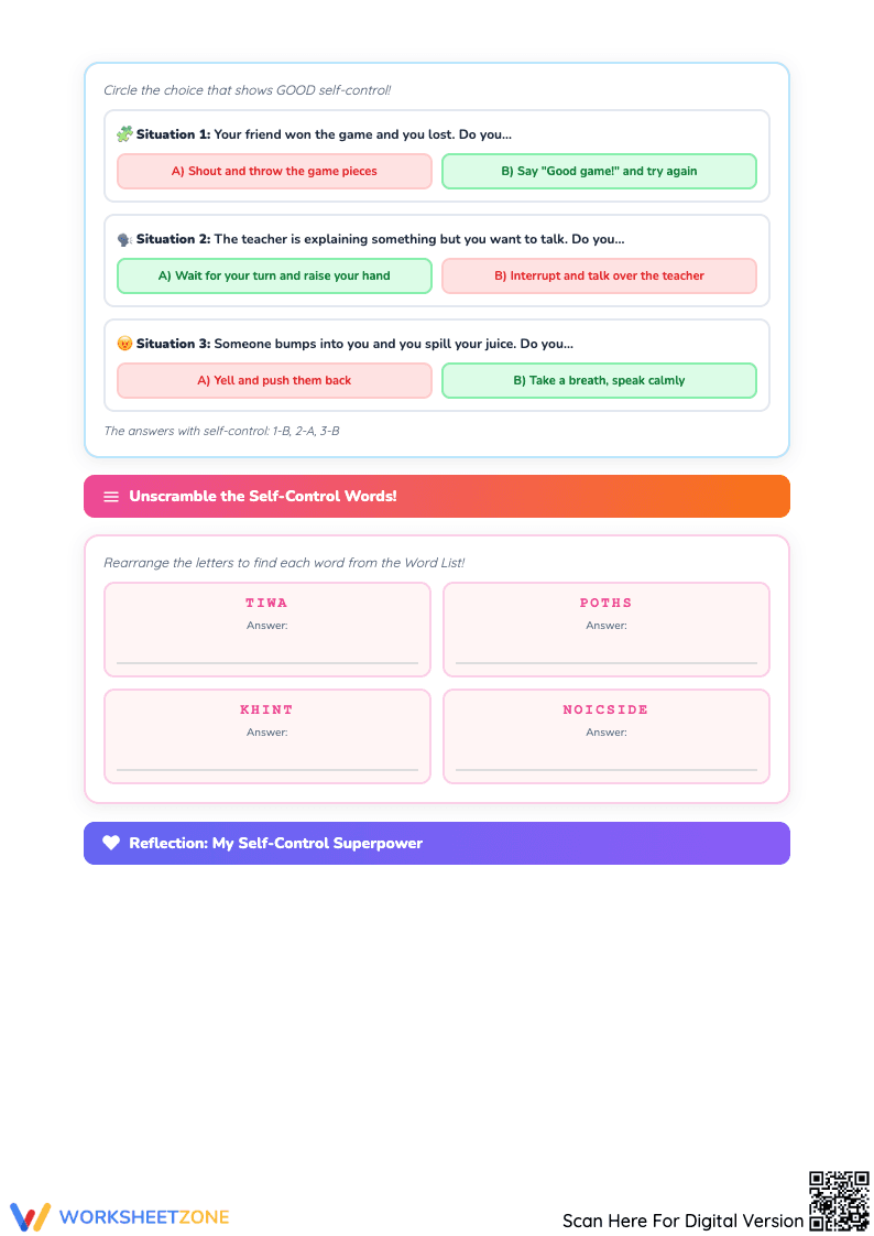 Essential Self-Control Worksheet Packet | Grade 5-6 - Page 4
