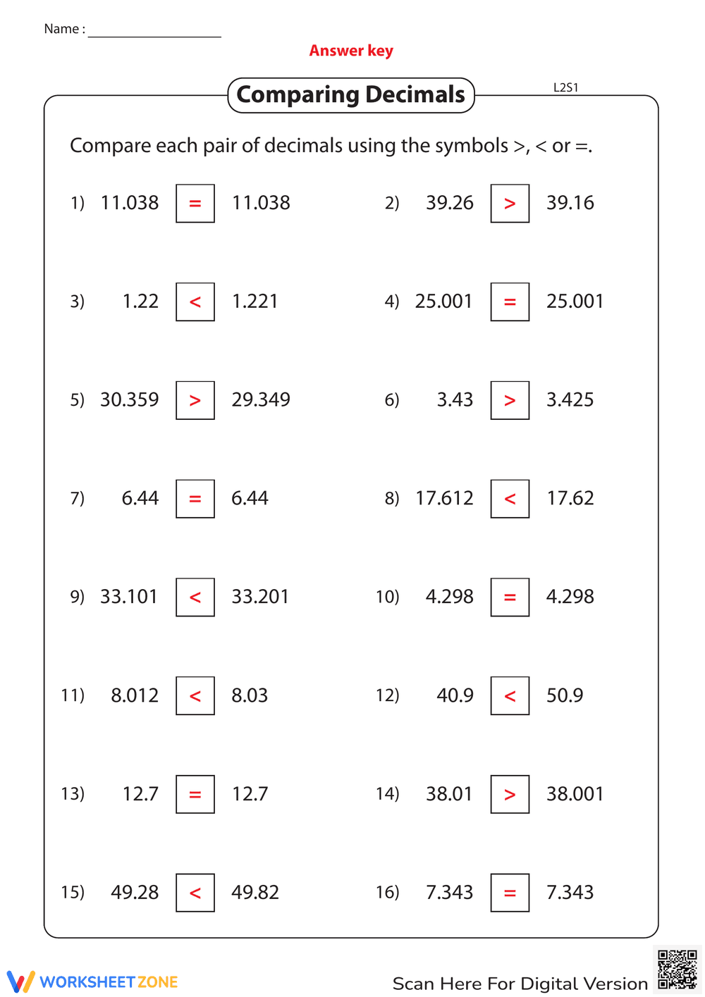Comparing Decimals Practice Worksheet - Page 2