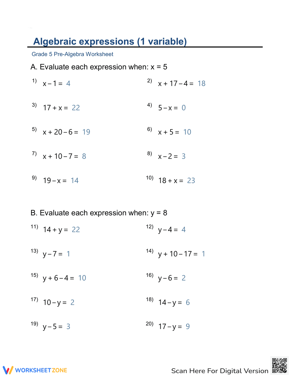 Expressions and Equations Worksheet - Page 2