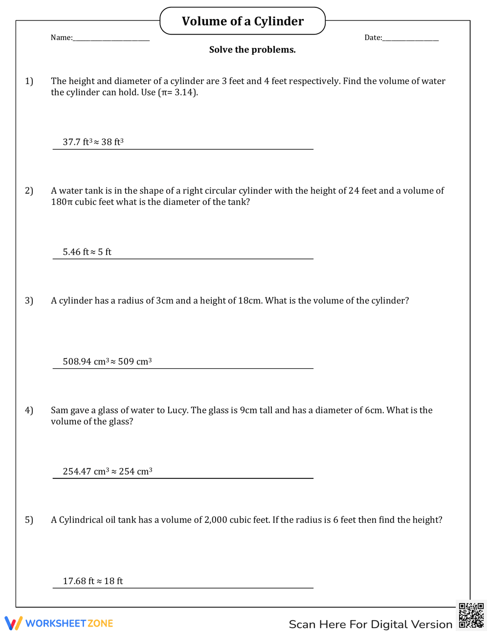 Volume of a Cylinder Word Problems - Page 2