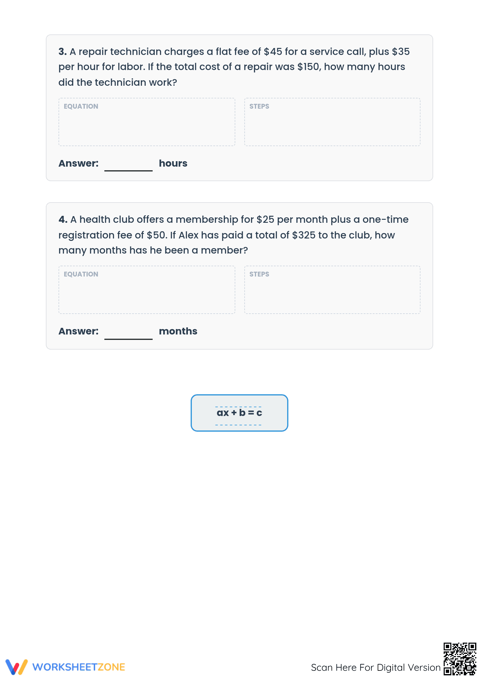 Printable Two-Step Equations Word Problems | Grade 7 Math - Page 2