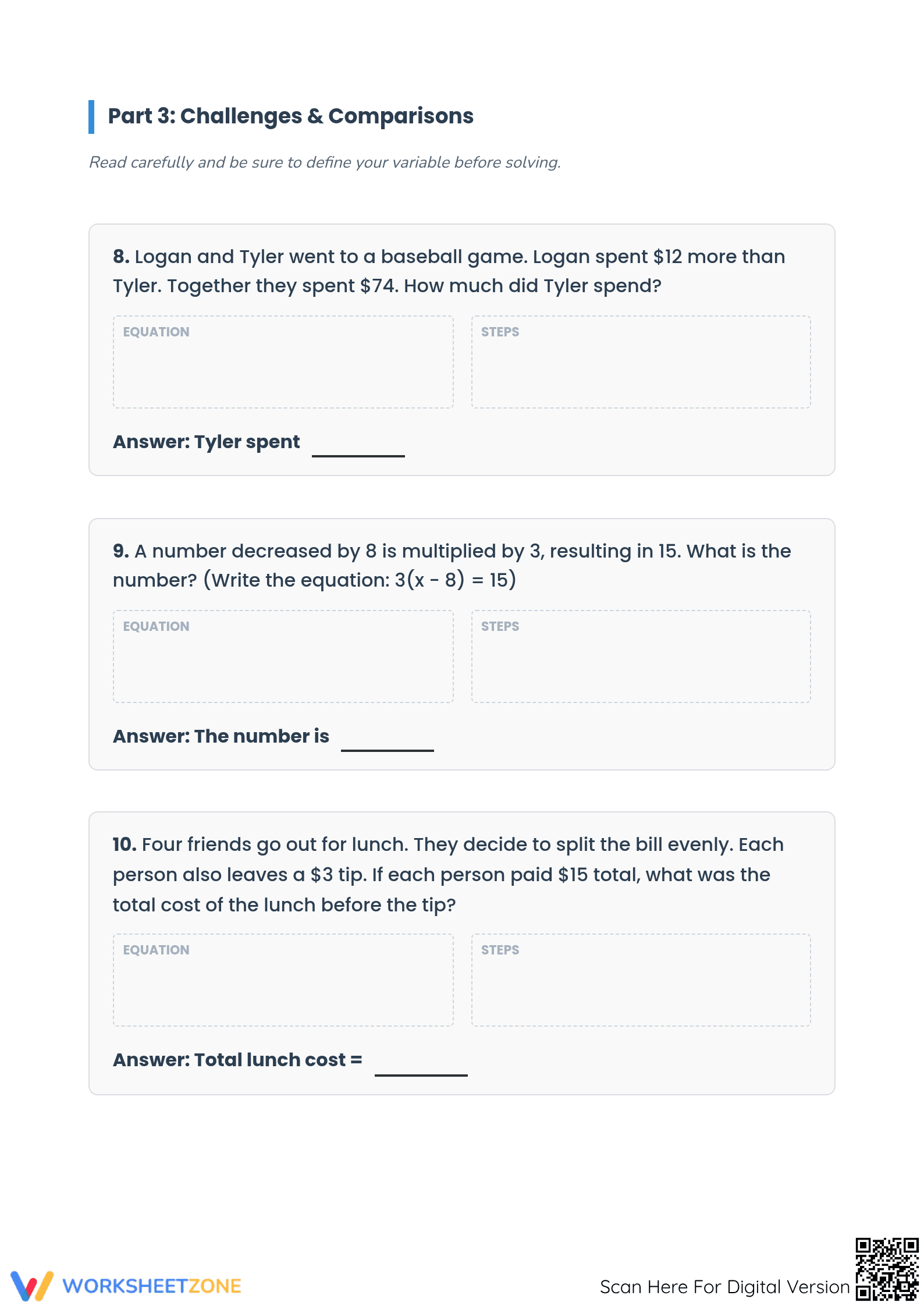 Printable Two-Step Equations Word Problems | Grade 7 Math - Page 4