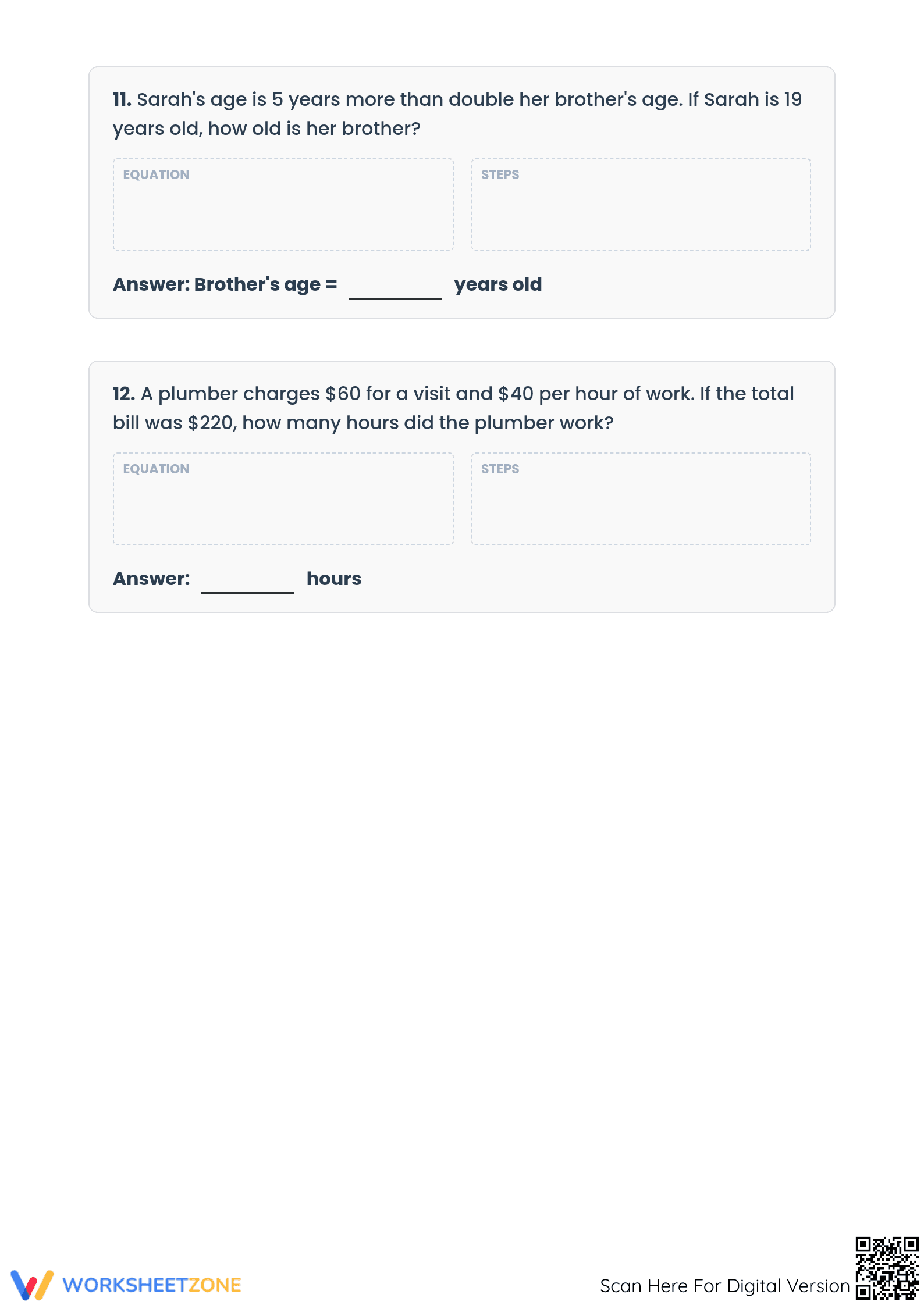 Printable Two-Step Equations Word Problems | Grade 7 Math - Page 5