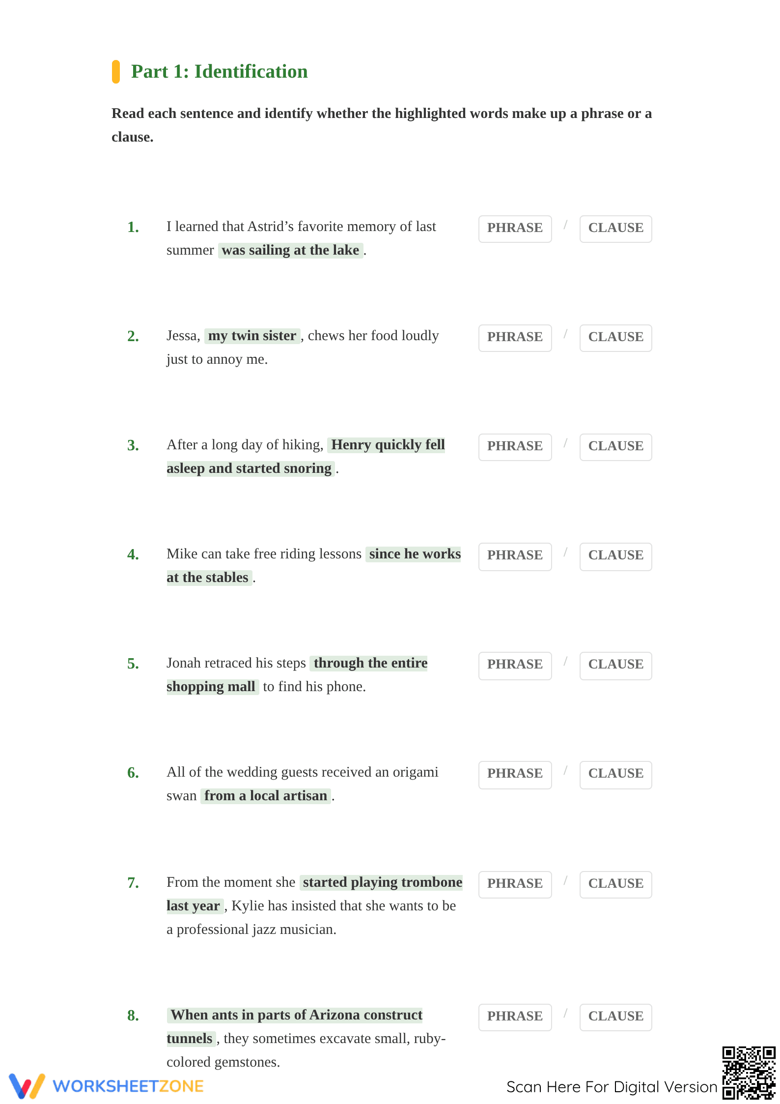 Phrases and Clauses Worksheet | Grade 7 ELA Printable - Page 2