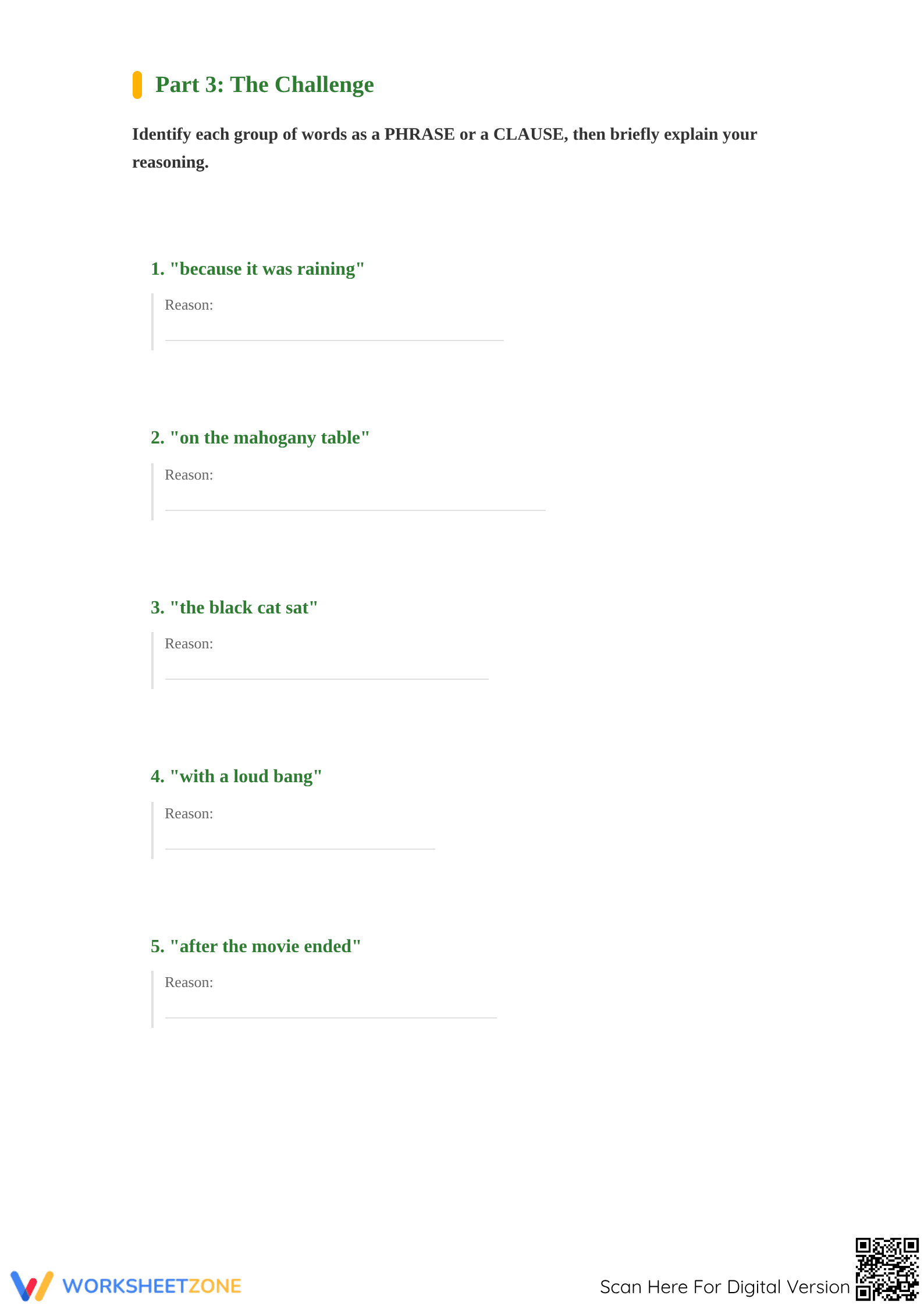 Phrases and Clauses Worksheet | Grade 7 ELA Printable - Page 5