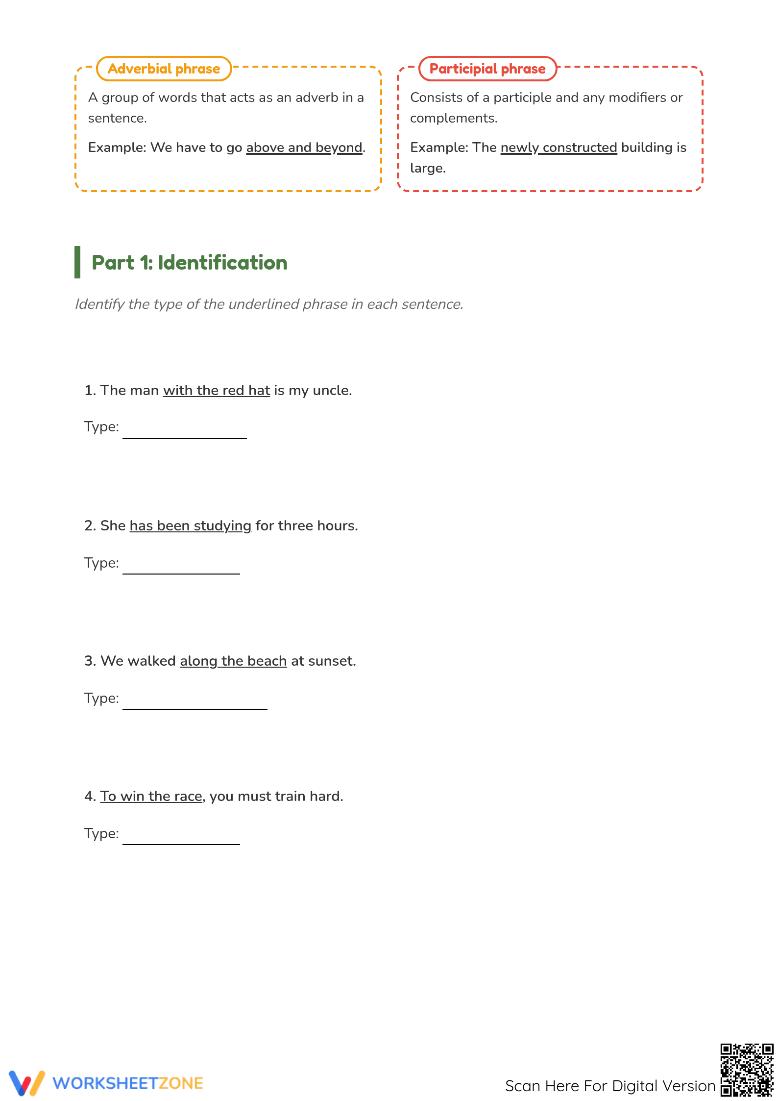 Types of Phrases Worksheet | Grade 7 ELA Printable - Page 2
