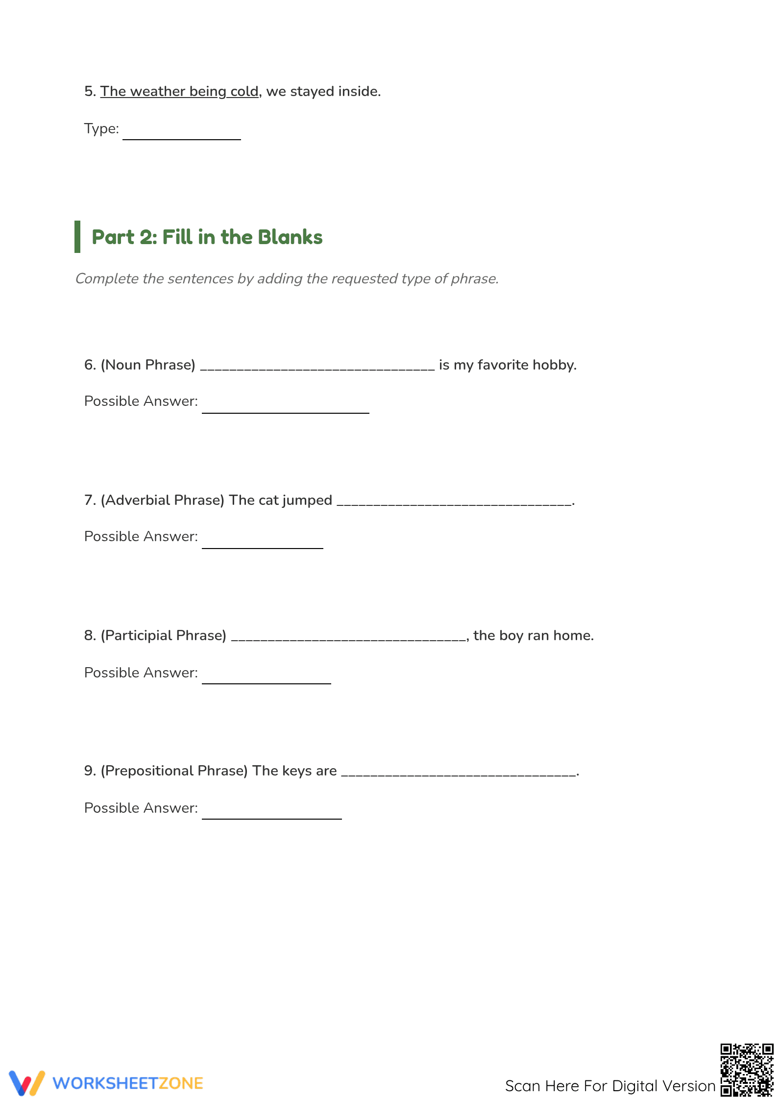 Types of Phrases Worksheet | Grade 7 ELA Printable - Page 3