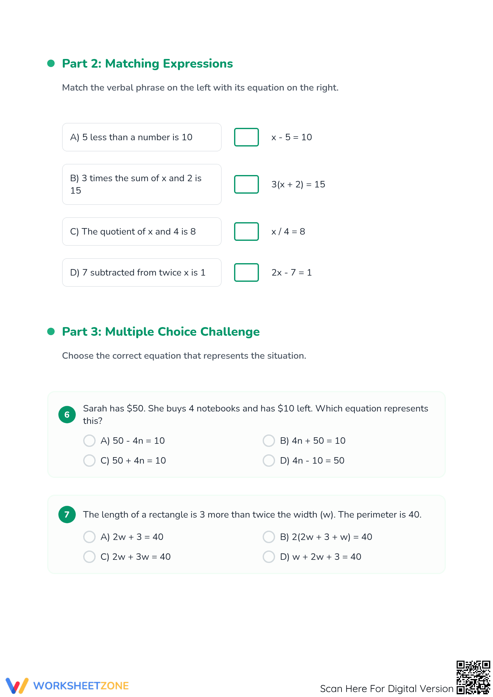 Writing Equations Worksheet | Grade 6-7 Essential Math - Page 2