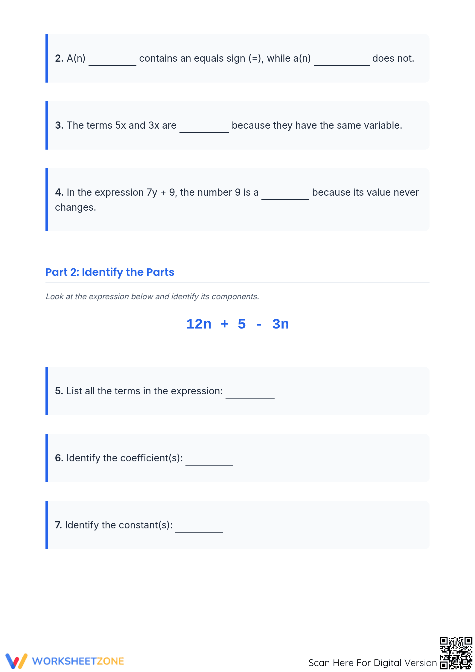 Essential Algebraic Expressions Vocabulary Cards | Grade 6-7 - Page 3