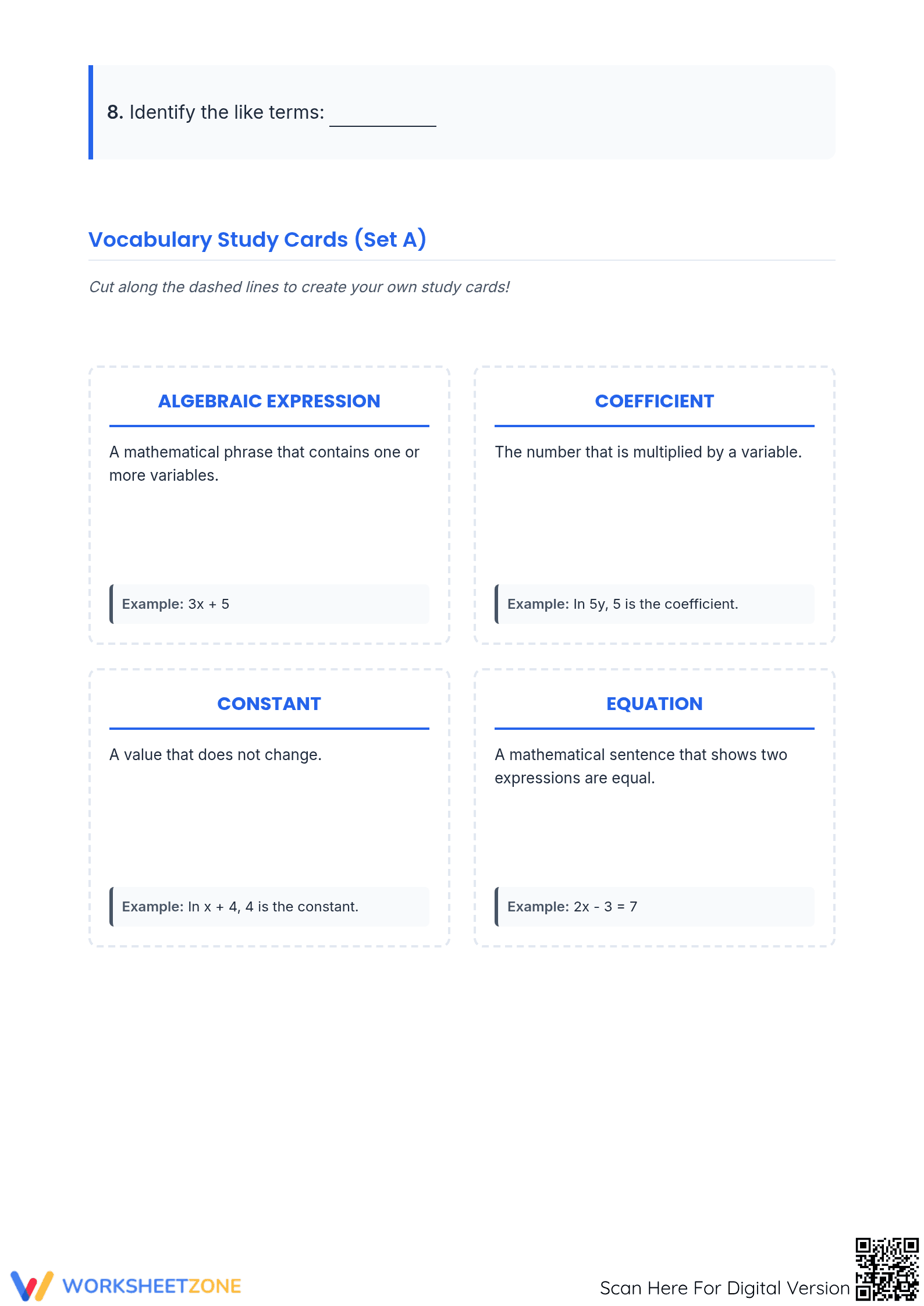 Essential Algebraic Expressions Vocabulary Cards | Grade 6-7 - Page 4