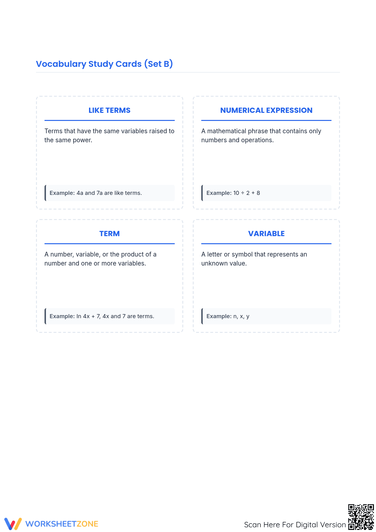 Essential Algebraic Expressions Vocabulary Cards | Grade 6-7 - Page 5
