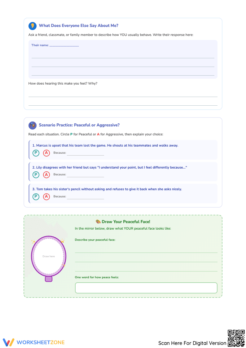 Aggressive or Peaceful Behavior Reflection Worksheet - Page 3