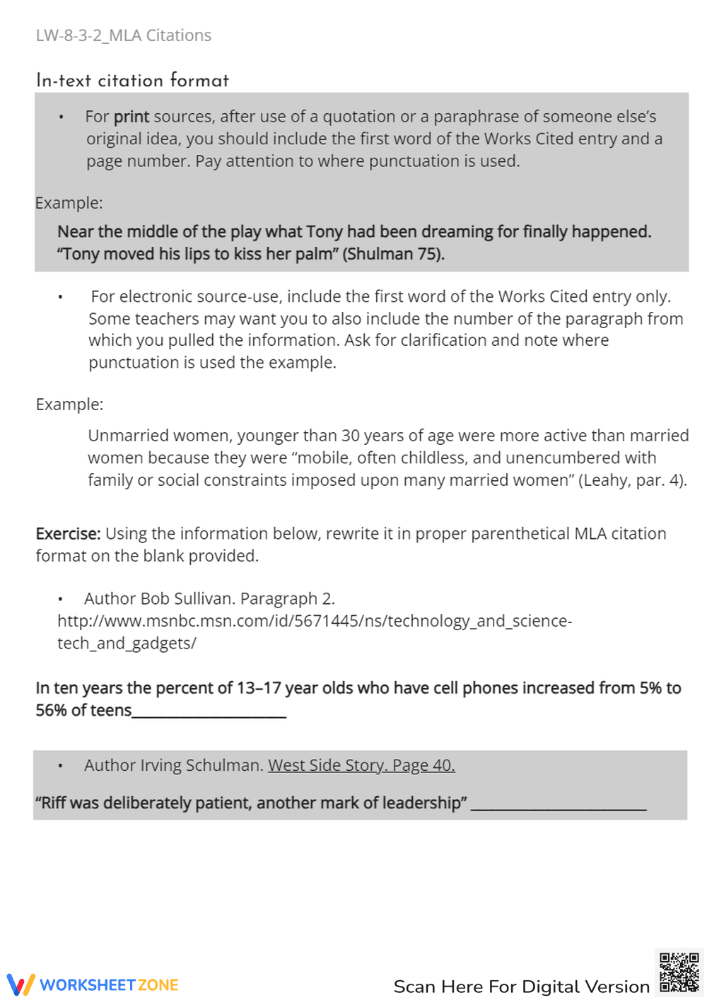 MLA Citation Practice: 'Works Cited' Worksheet for Students - Page 2