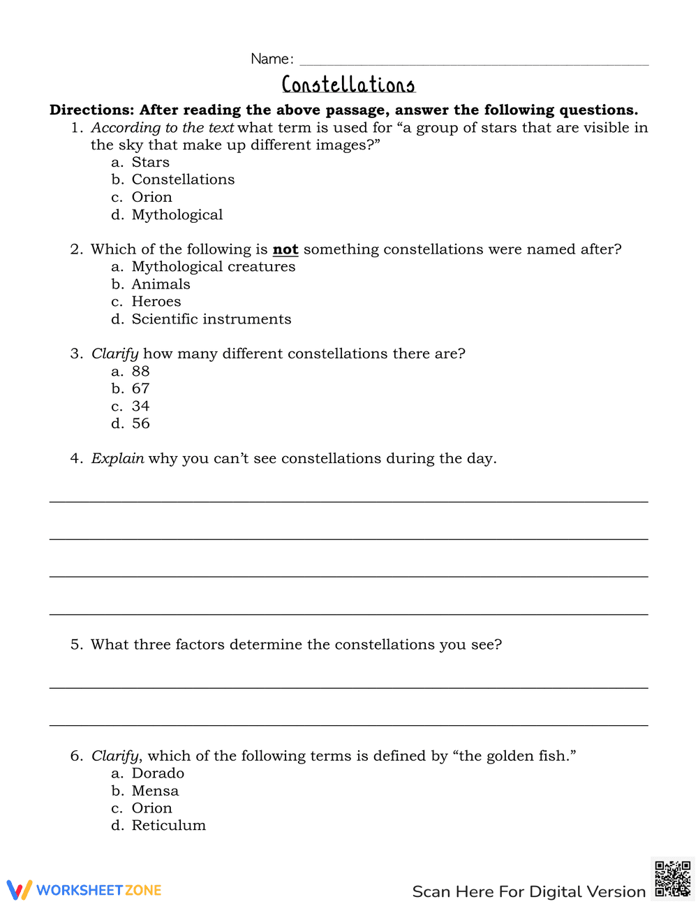 Constellations Comprehension Worksheet - Page 3