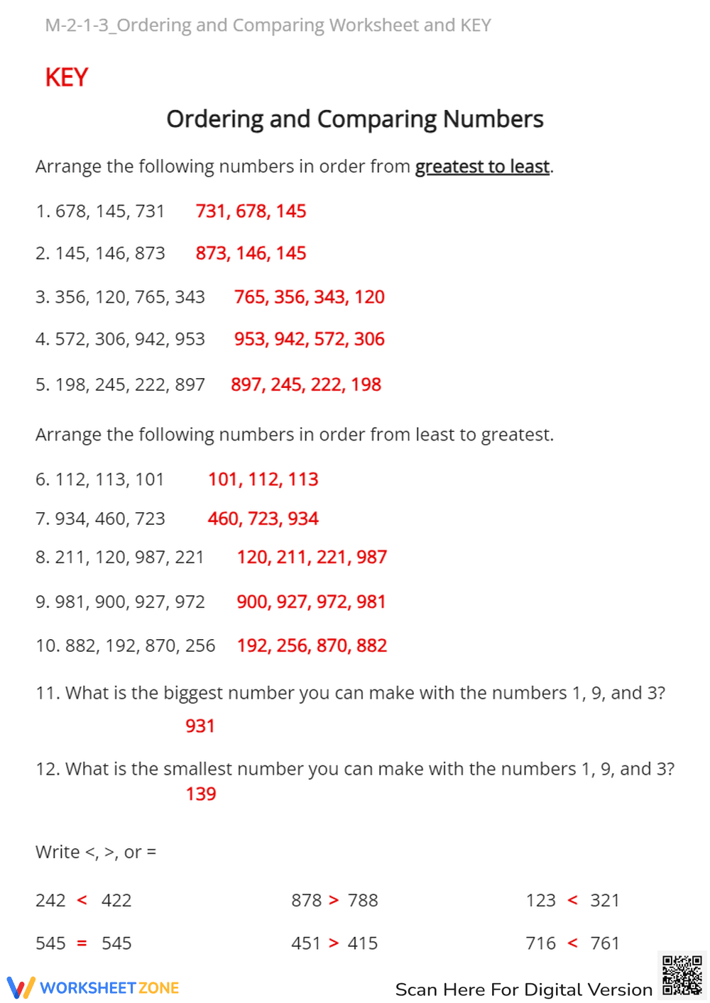 Comparing 3-Digit Numbers: Ordering & Place Value Practice - Page 2