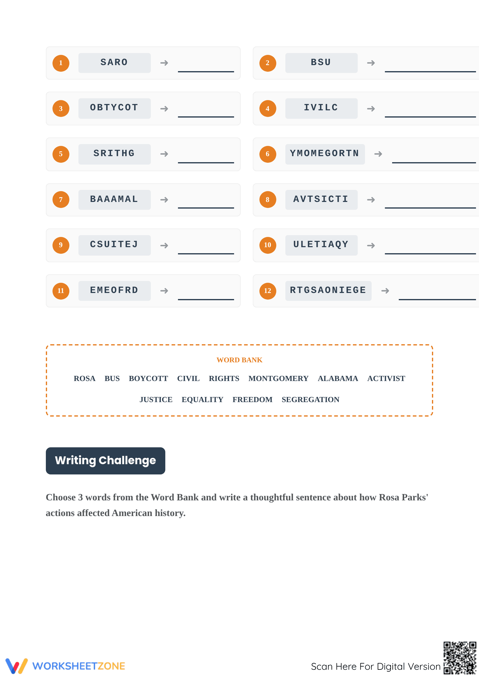 Rosa Parks Word Scramble | Grade 5-6 Essential Worksheet - Page 2