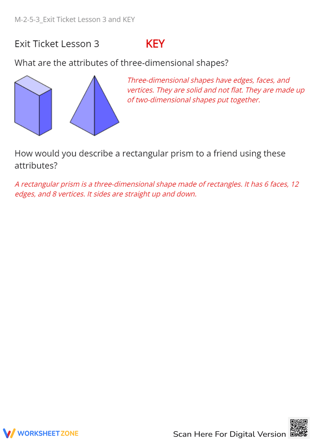 3D Shapes: Describe Attributes of Rectangular Prism & Pyramid Exit Ticket - Page 2