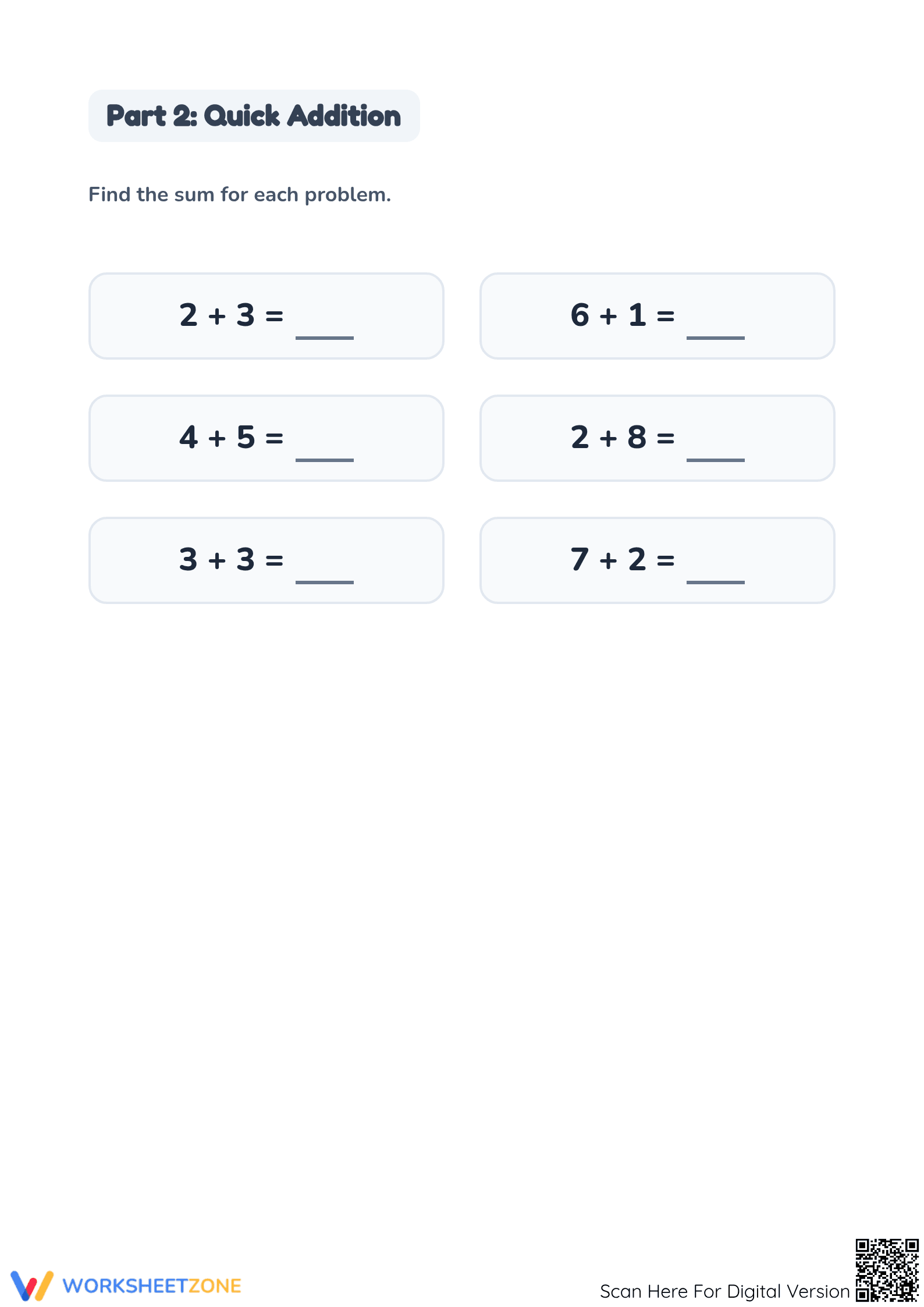 Grade 1 Addition Within 10 — Printable No-Prep Worksheet - Page 2