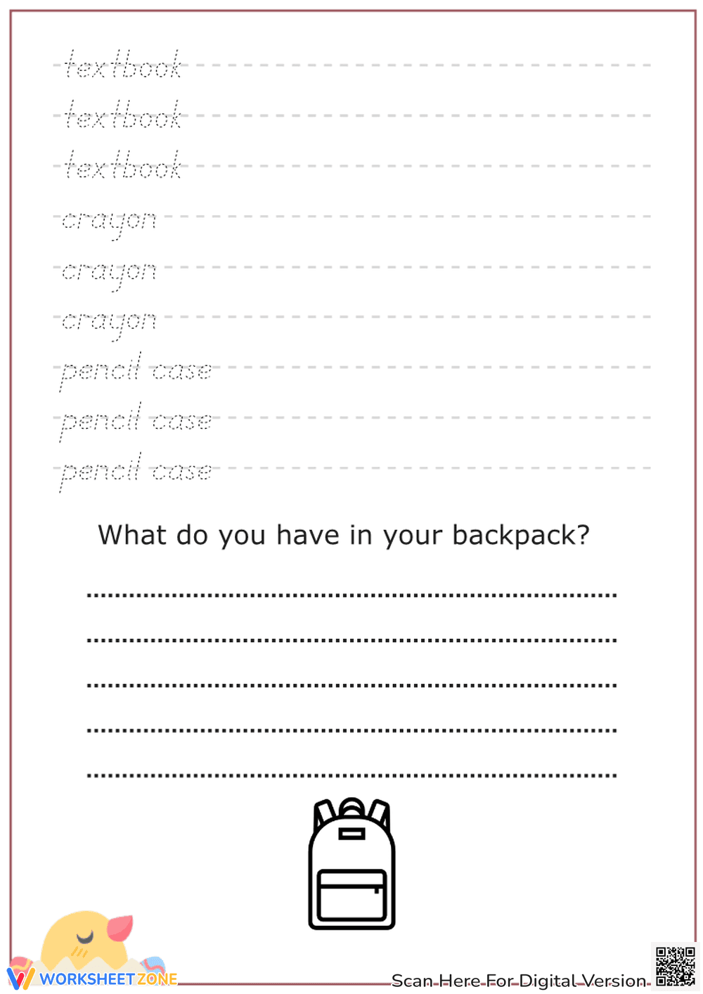 School Things Tracing Worksheet | Grade 1 Essential - Page 2