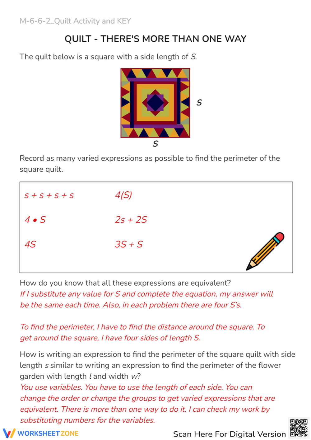 Quilt Perimeter: Algebraic Expressions Activity - Grades 6-7 - Page 2