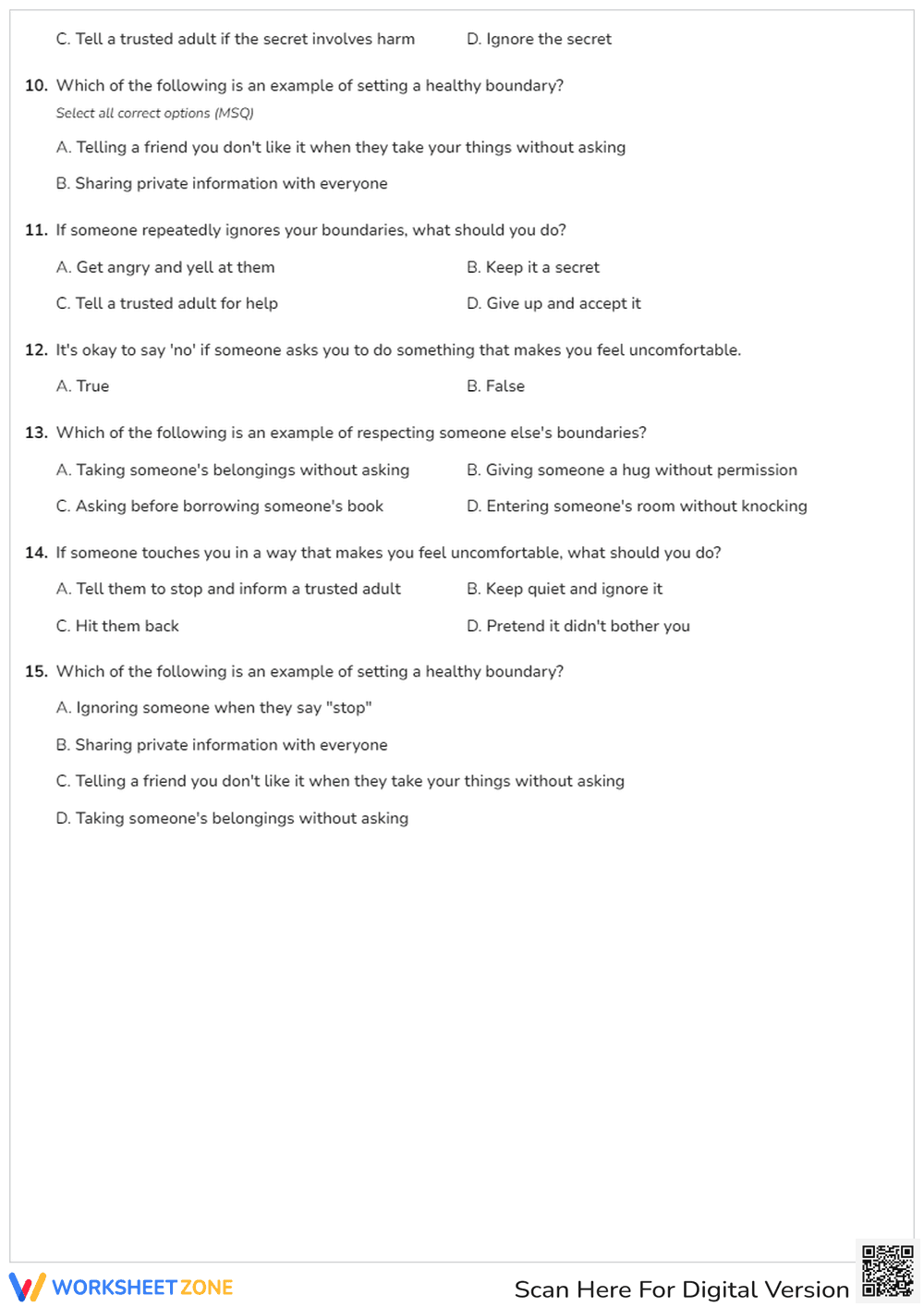 Boundaries Quiz: Essential Grade 3-5 Behavior Worksheet - Page 2