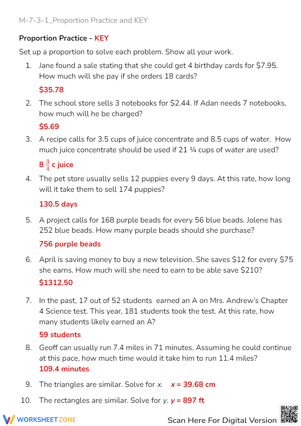 Proportion Word Problems - Math Practice Worksheet & Key - Page 3
