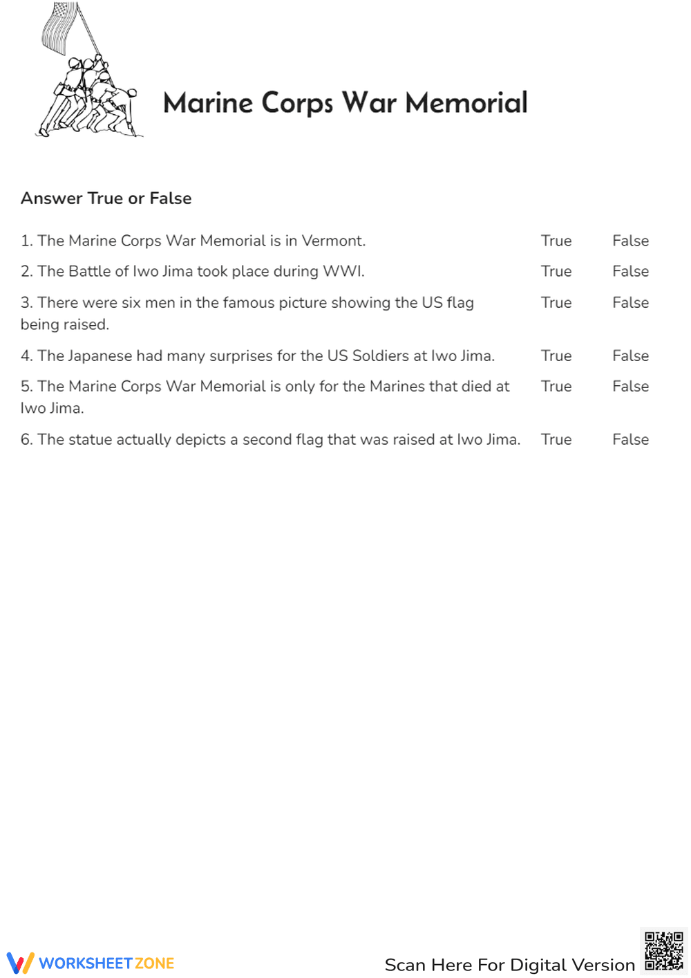 Marine Corps Memorial: Iwo Jima Reading Comprehension - True/False - Page 2
