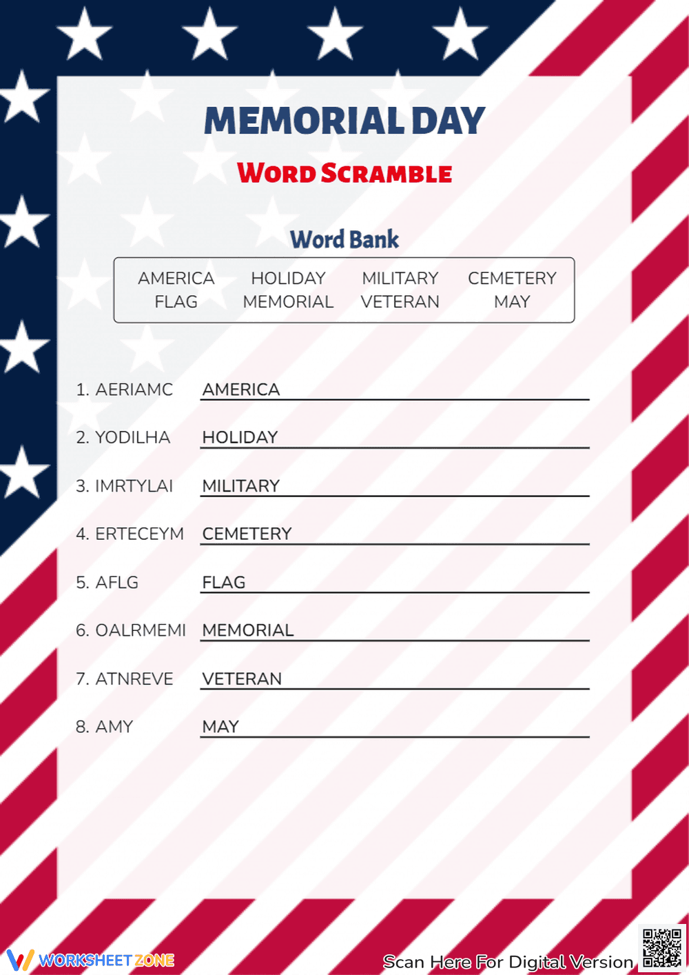 Patriotic Memorial Day Word Scramble Challenge - Page 2