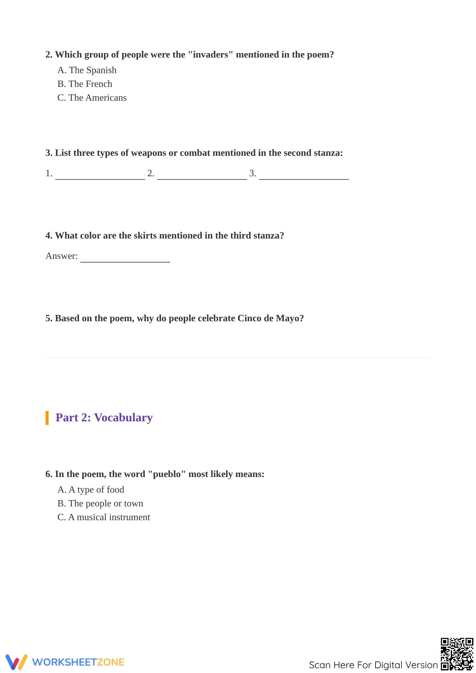 Grade 3 Cinco de Mayo Poem — Printable No-Prep Worksheet - Page 2