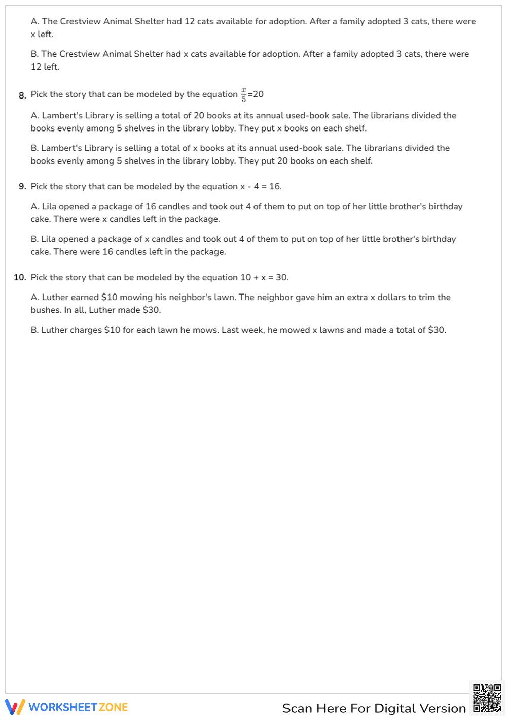 Match The Word Problem with The One-Step Equation - Page 2
