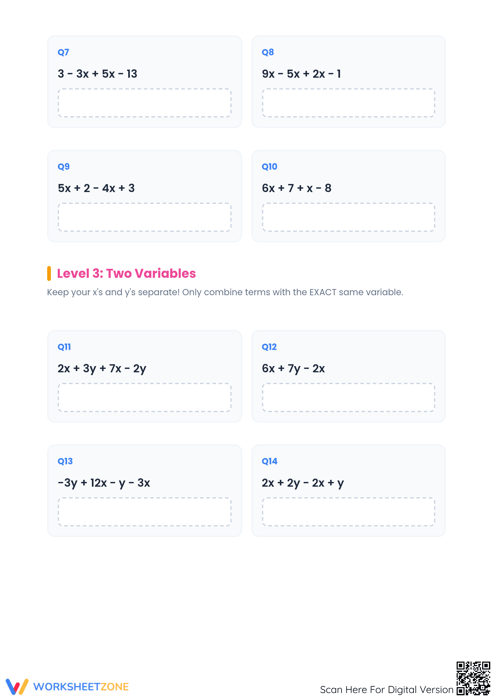 Combining Like Terms Worksheet | Grade 6 Math Printable - Page 2