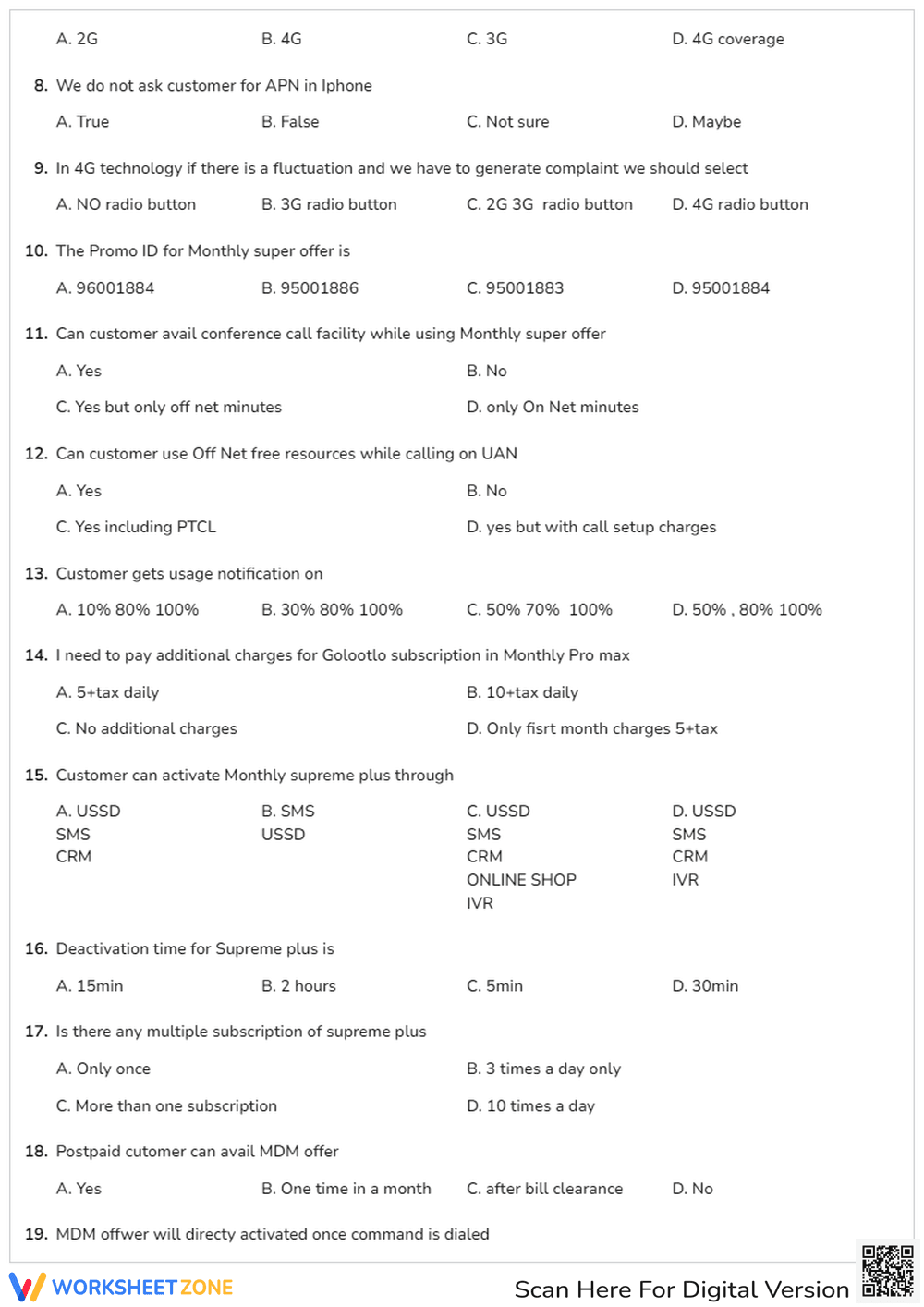 Printable Telecom Customer Service Quiz | College - Page 2