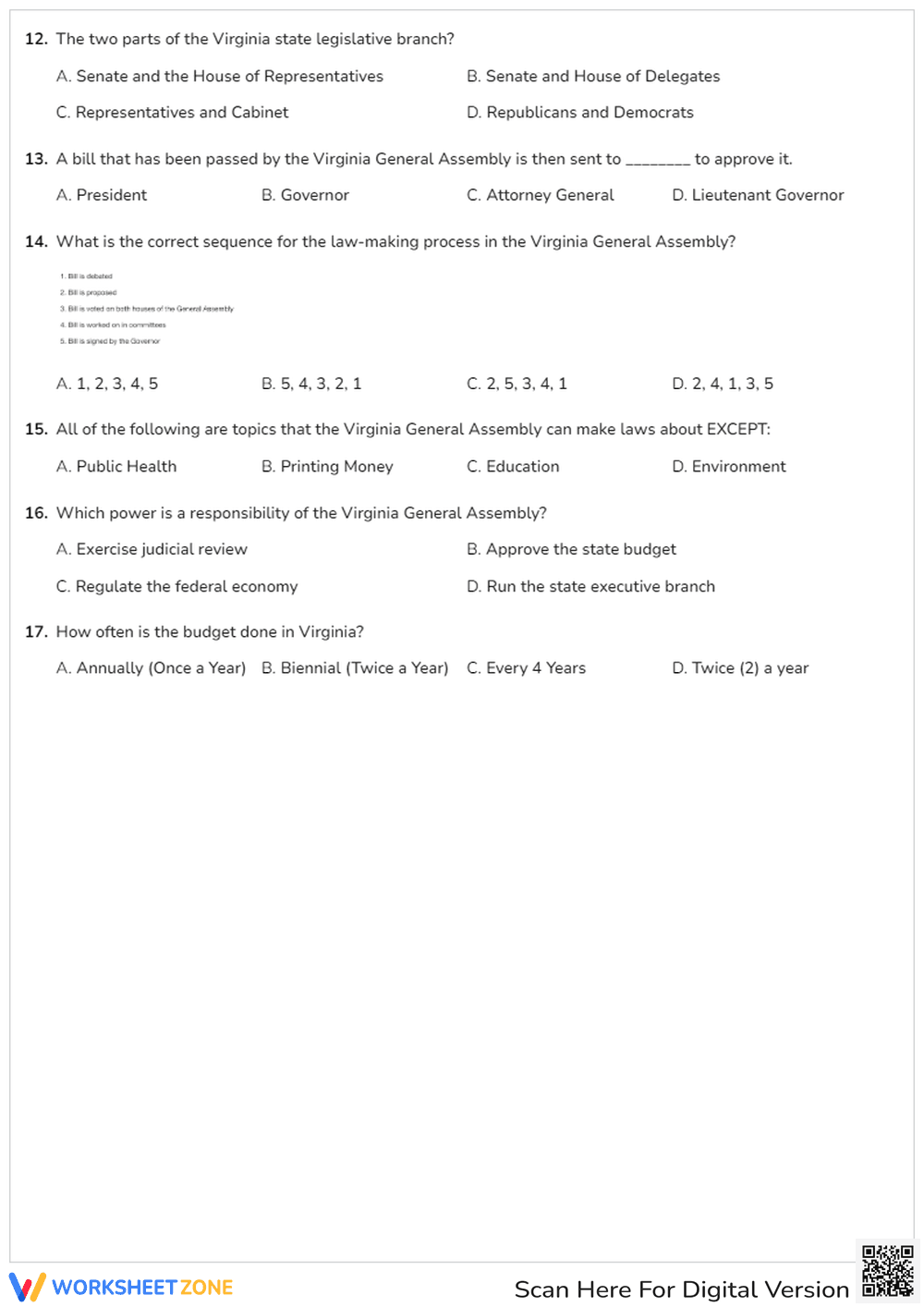 Legislative Branch Quiz | Grade 7 Printable Worksheet - Page 2