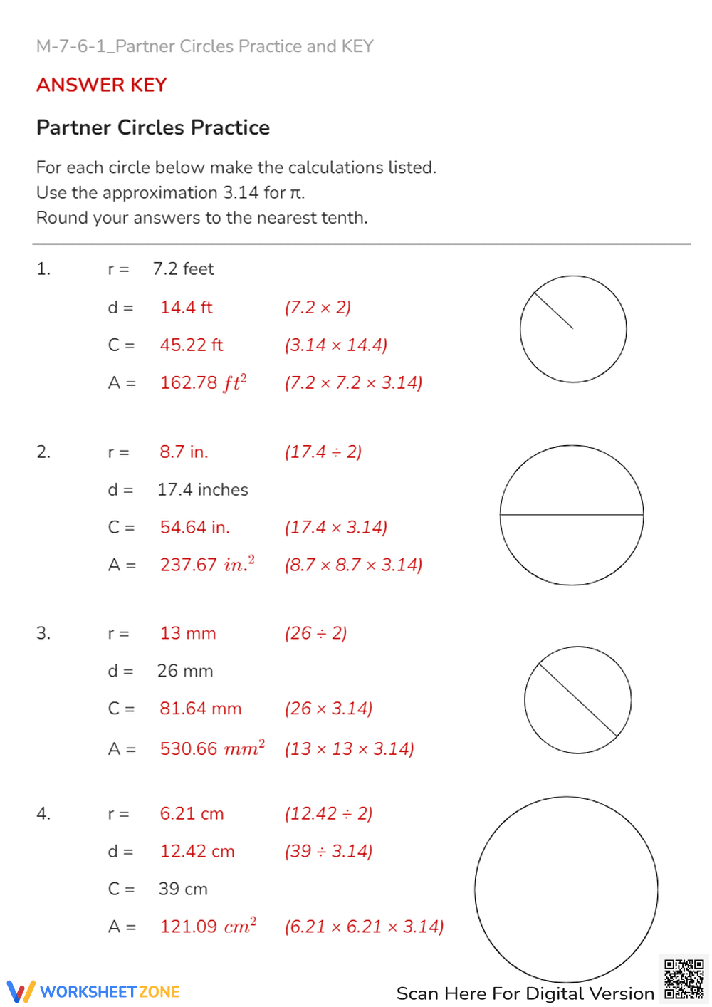 Circle Area & Circumference Practice - Math Worksheet (Grades 6-8) - Page 2