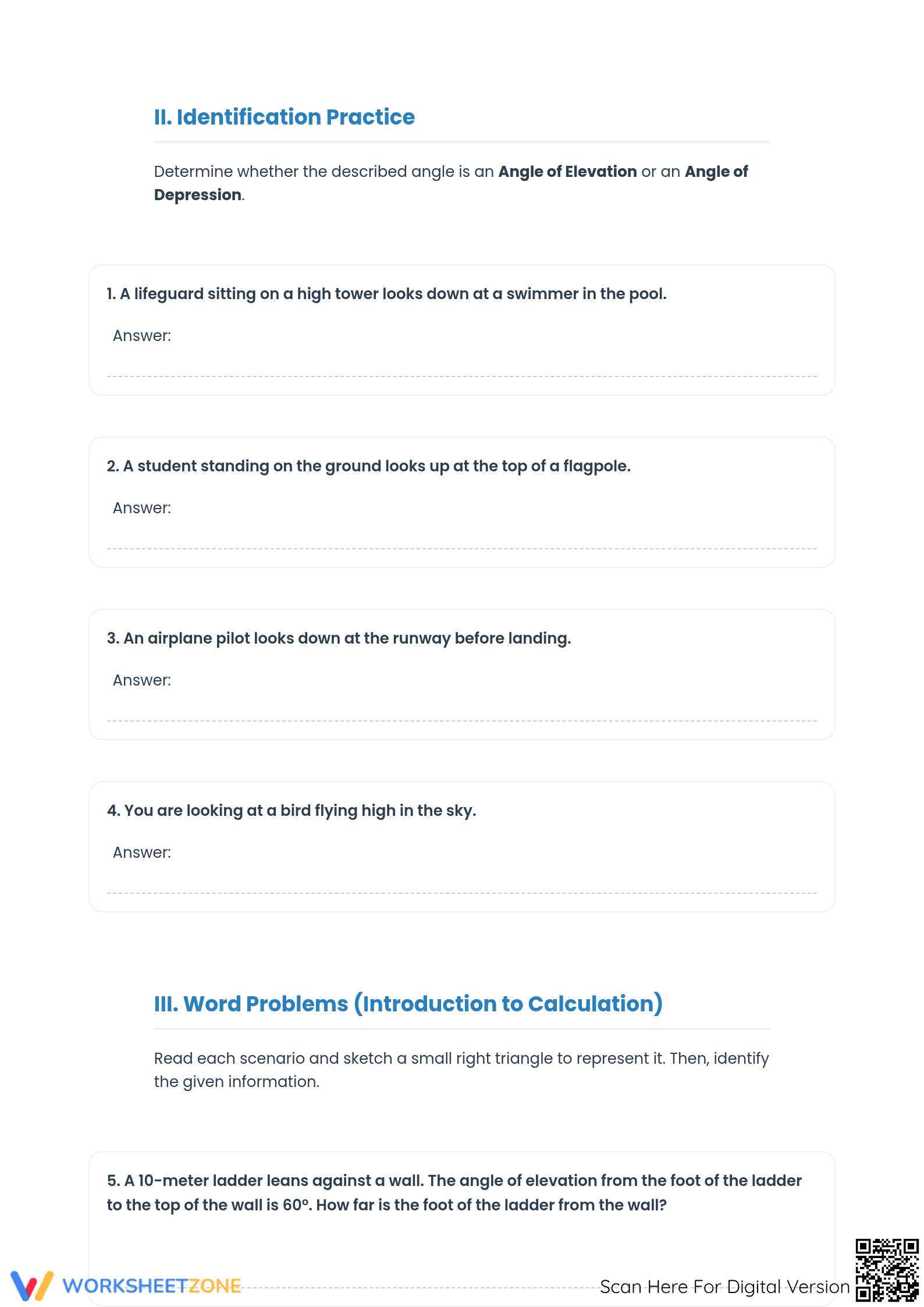 Printable Angles of Elevation Worksheet | Grade 9 Math - Page 2