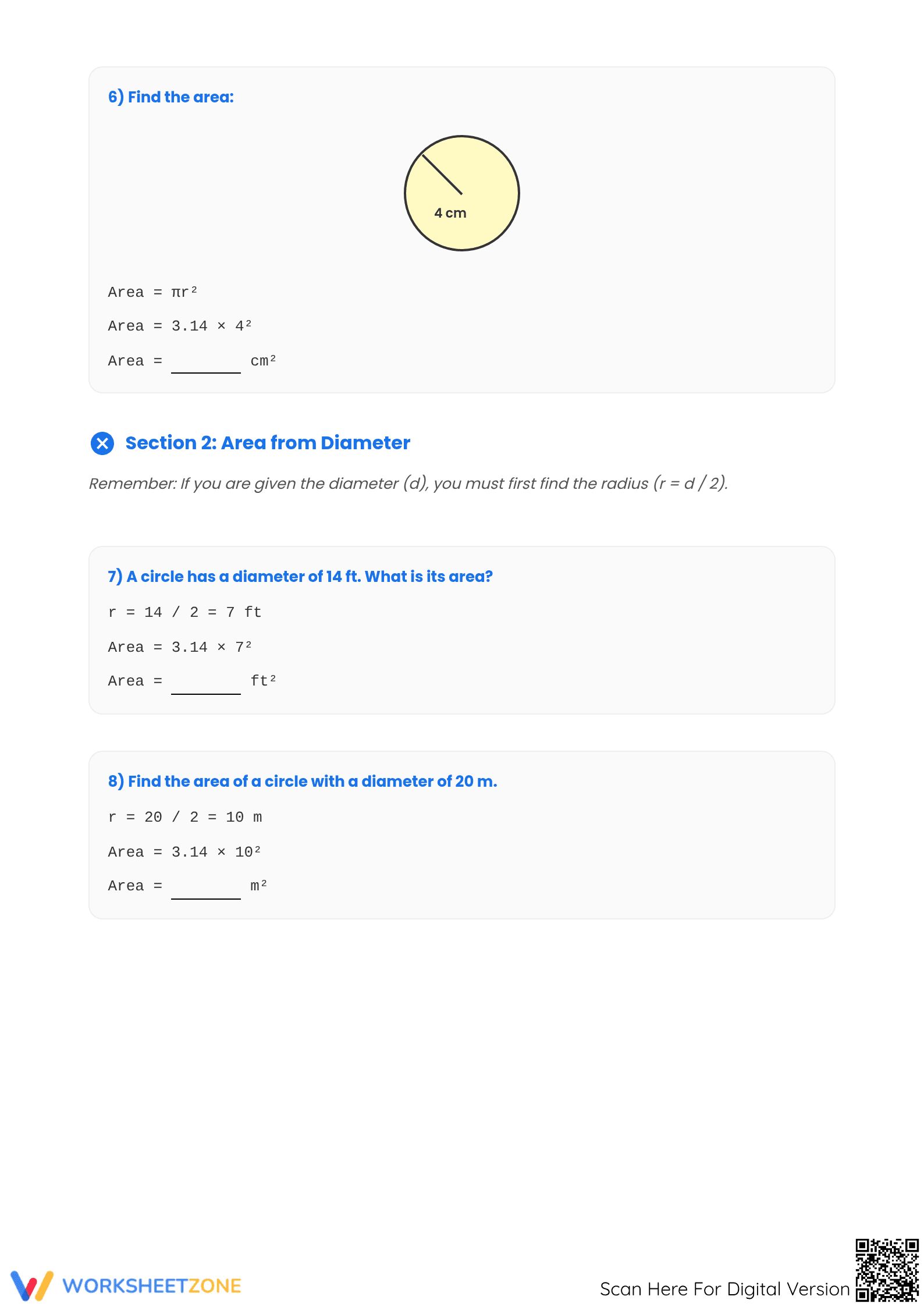 Area of Circles Worksheet | Grade 7 Math Printable - Page 3