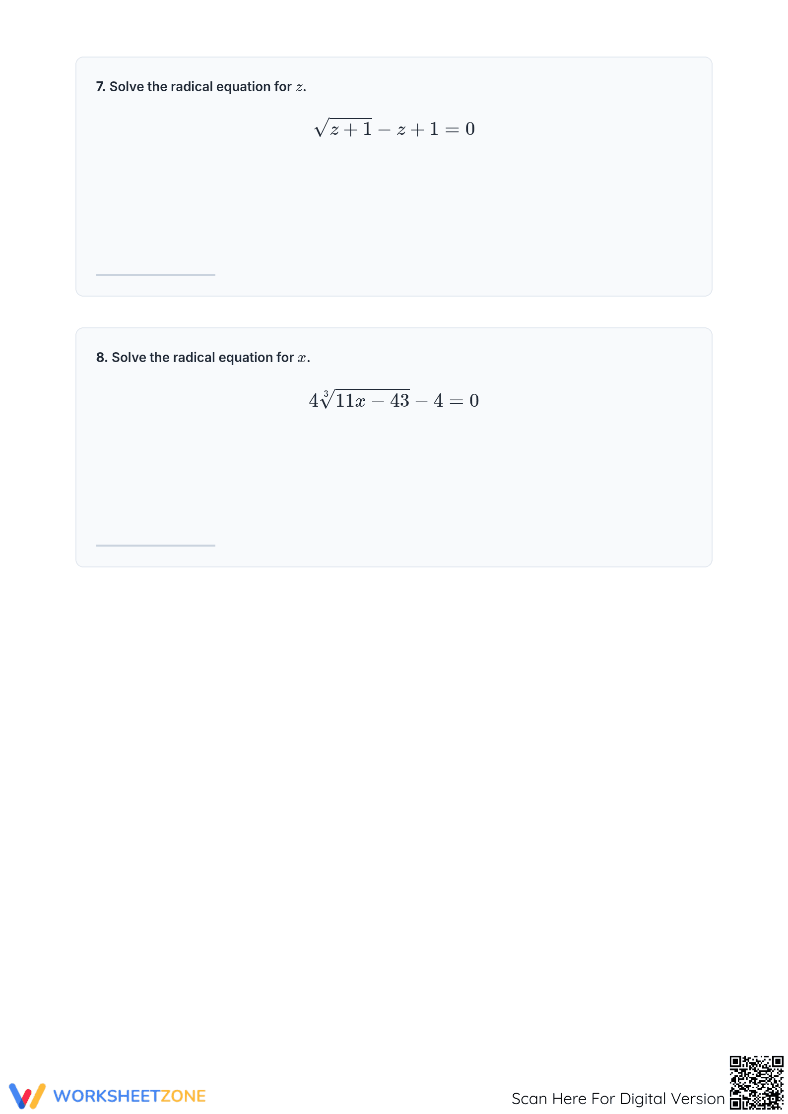 Solving Radical Equations Worksheet | Grade 9 Printable - Page 3