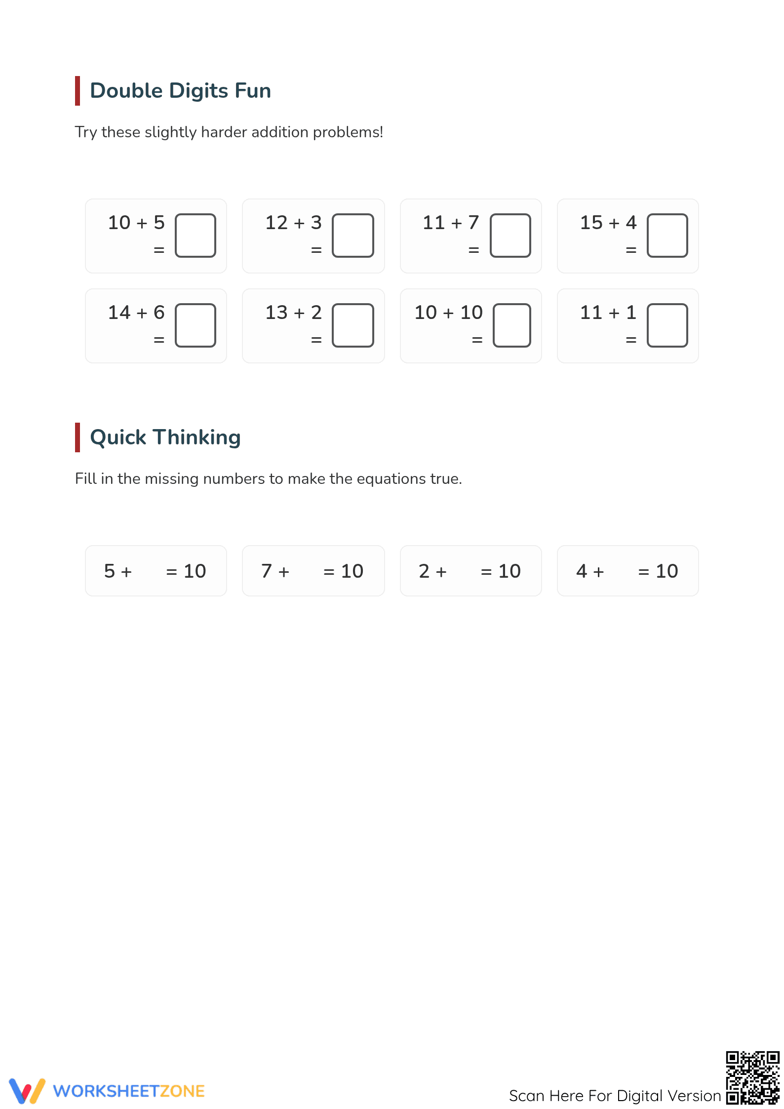 Essential Addition Within 20 Worksheet | Grade 1 Math - Page 2