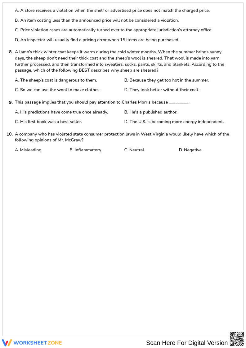Grade 9-12 ASVAB Reading — Printable No-Prep Worksheet - Page 2