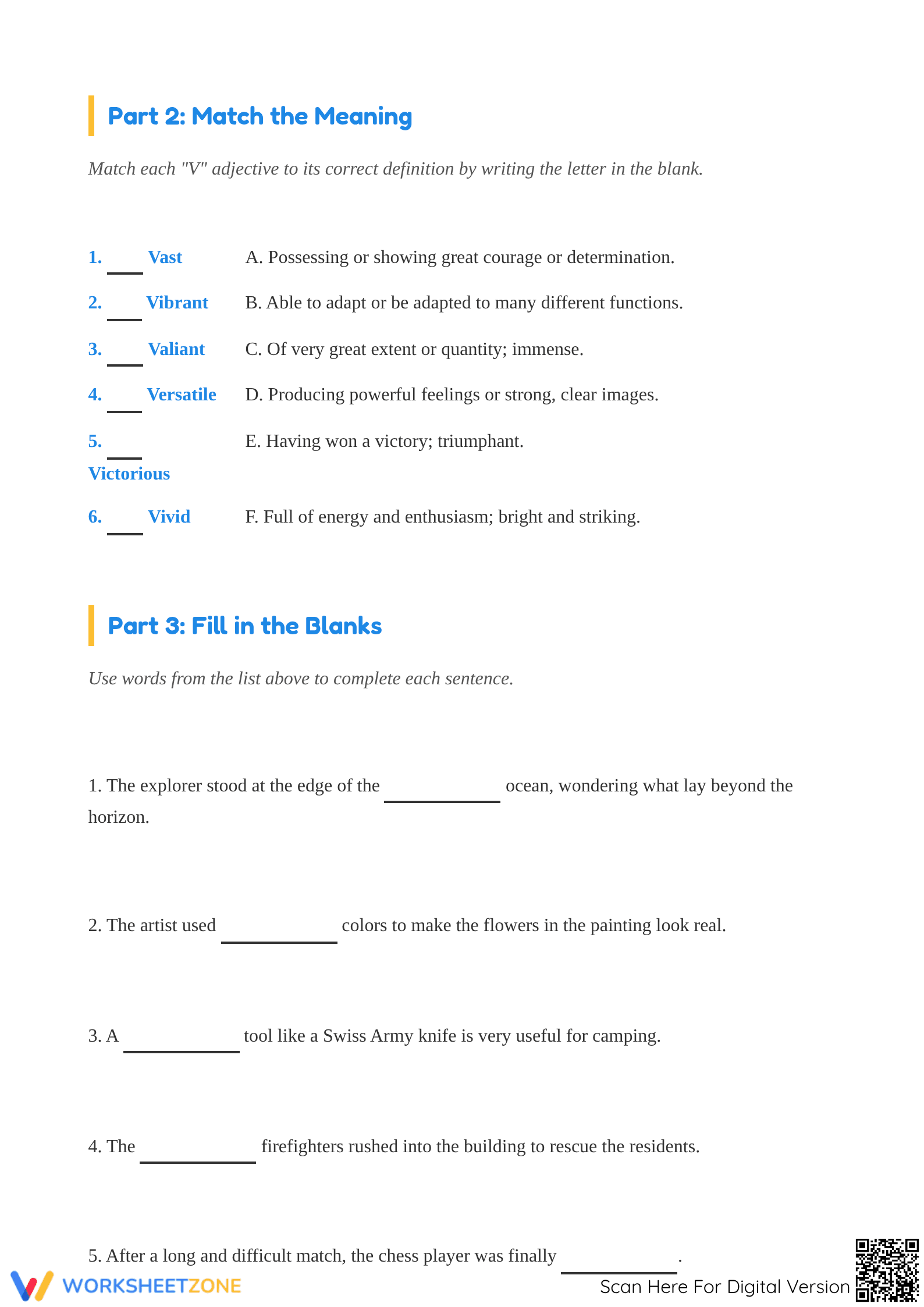 Printable V Adjectives Worksheet | Grade 3-4 ELA - Page 2