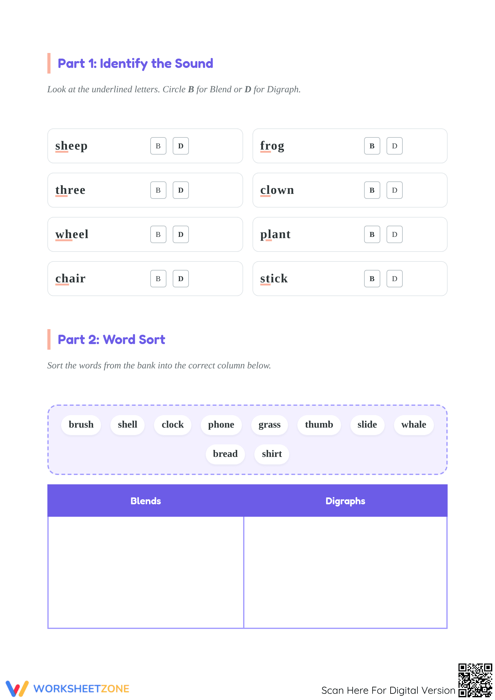 Printable Blends vs. Digraphs Worksheet | Grade 1 ELA - Page 2