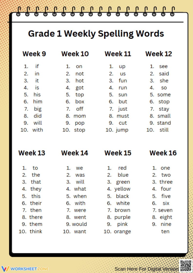 1st Grade Weekly Spelling Words - Page 2