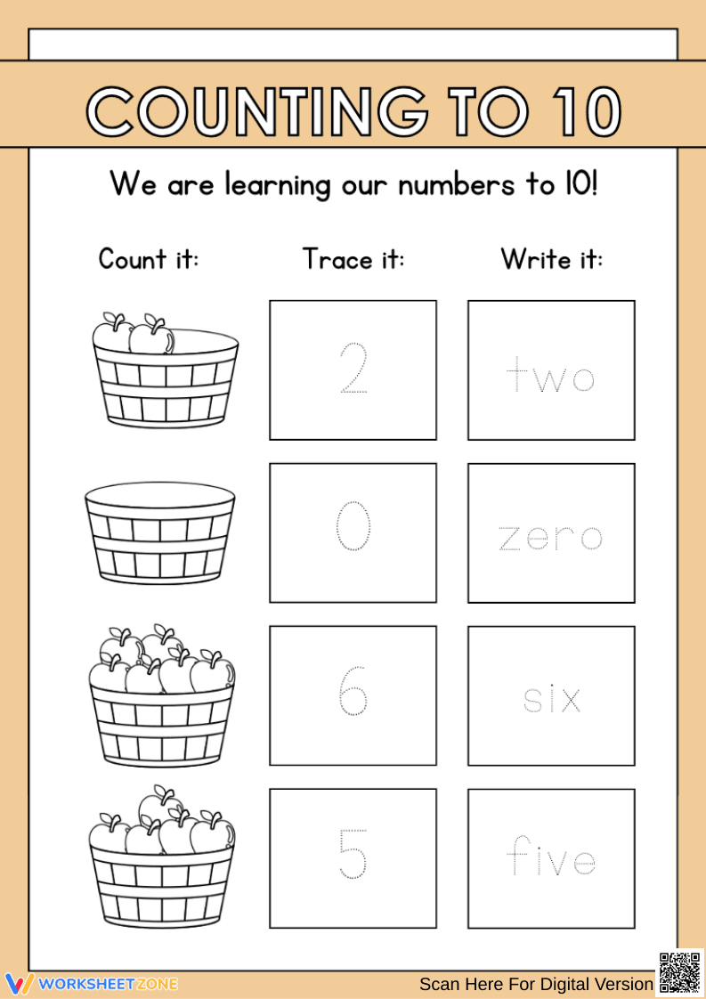 Counting to 10 – Trace, Count, and Write Numbers Worksheet - Page 2