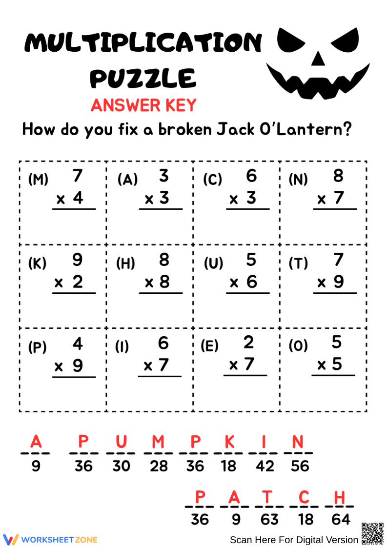 Halloween Multiplication Riddle Jack O’Lantern Puzzle Worksheet - Page 2