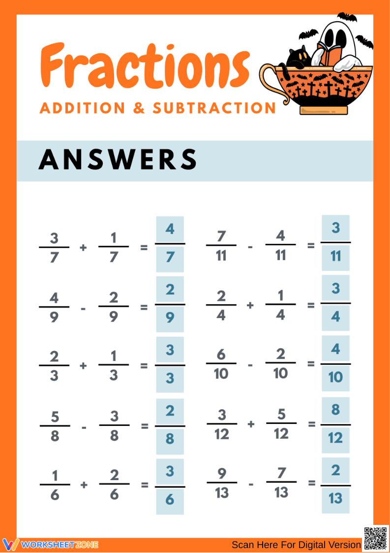 Halloween Fractions Addition and Subtraction Worksheet with Answers - Page 2