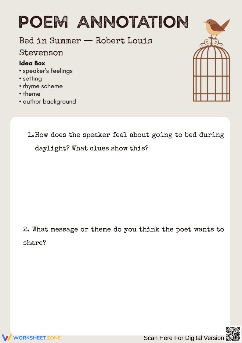 Bed in Summer – Poetry Annotation Worksheet - Page 2