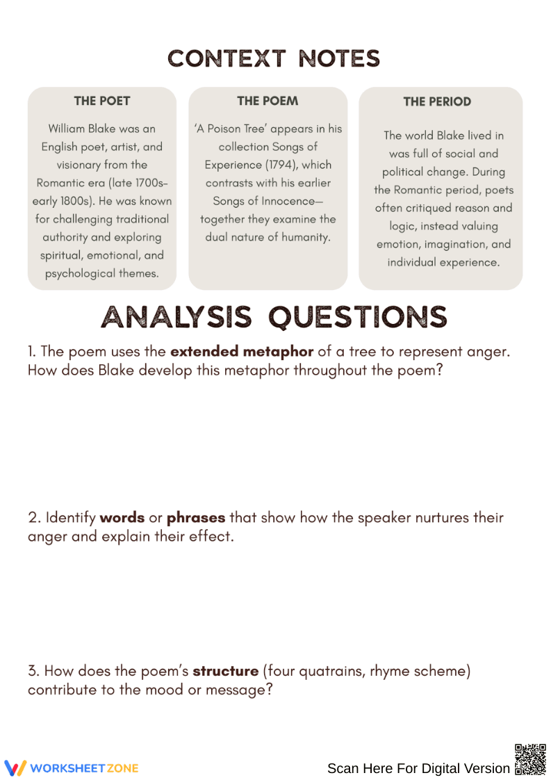 Poem Analysis Worksheet: A Poison Tree by William Blake - Page 2