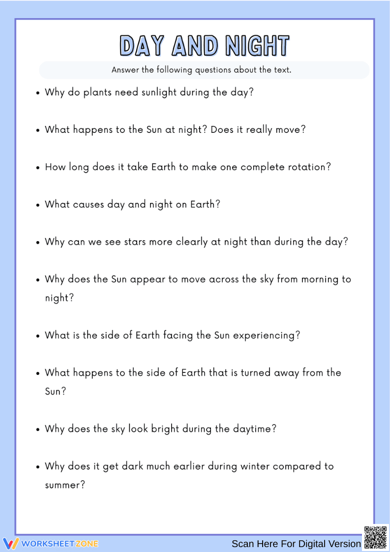Day and Night Reading Comprehension Worksheet - Page 2